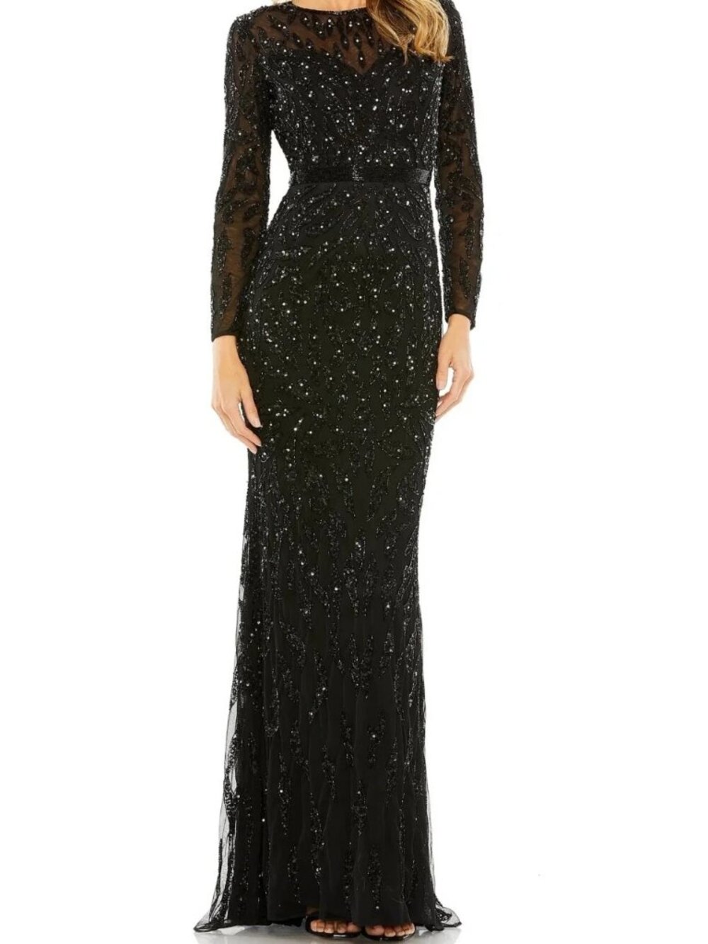 Mac Duggal Black Paisley Beaded Sequin Long Sleeve Gown